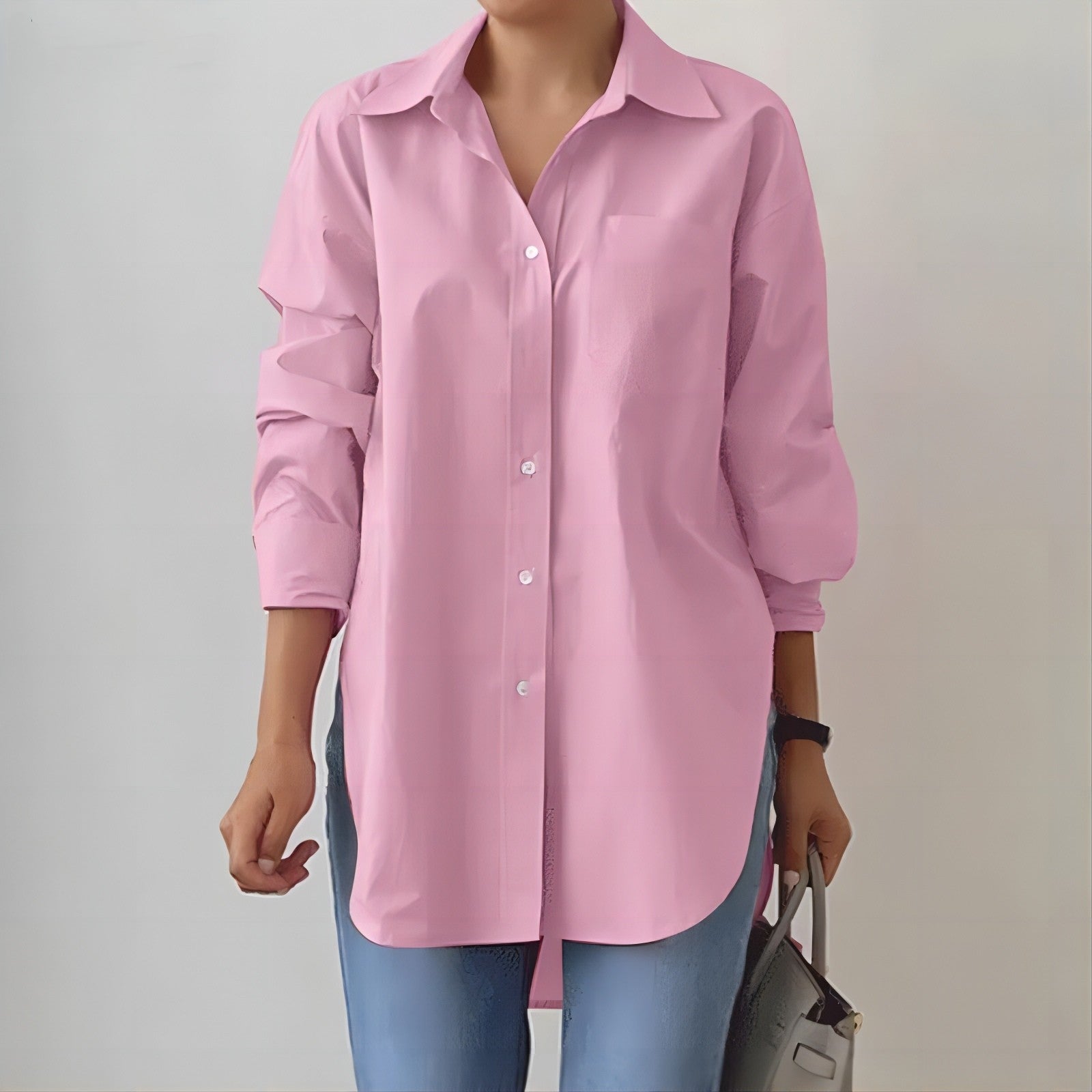Camisa de manga larga con cuello dividido en color liso