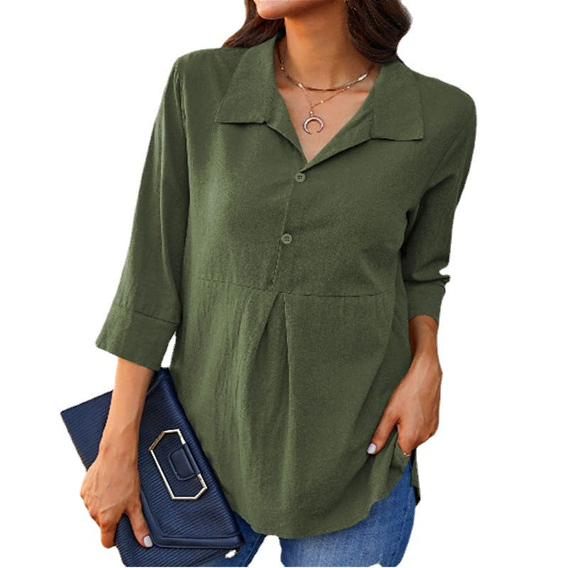 Camisa de mujer de color liso con cuello de solapa, abertura y peplum, manga tres cuartos