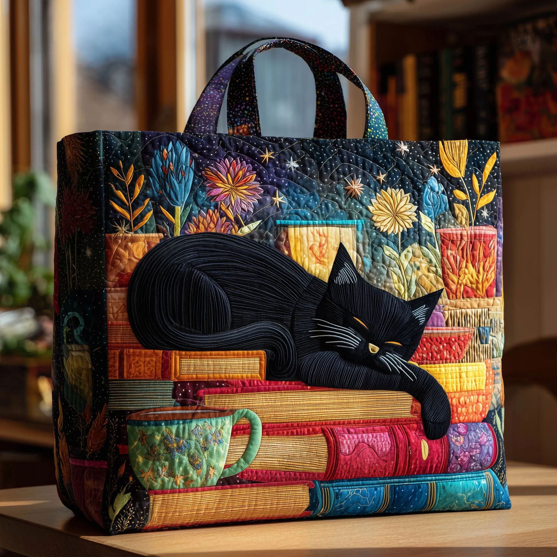 Bolso tote creativo de gran capacidad con impresión digital y bordado acolchado.