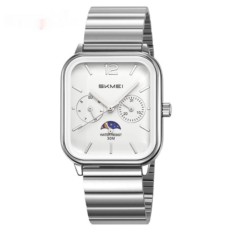 Elegante reloj cuadrado multifuncional con indicador de fase lunar de seis manecillas, diseñado para negocios y resistente al agua.