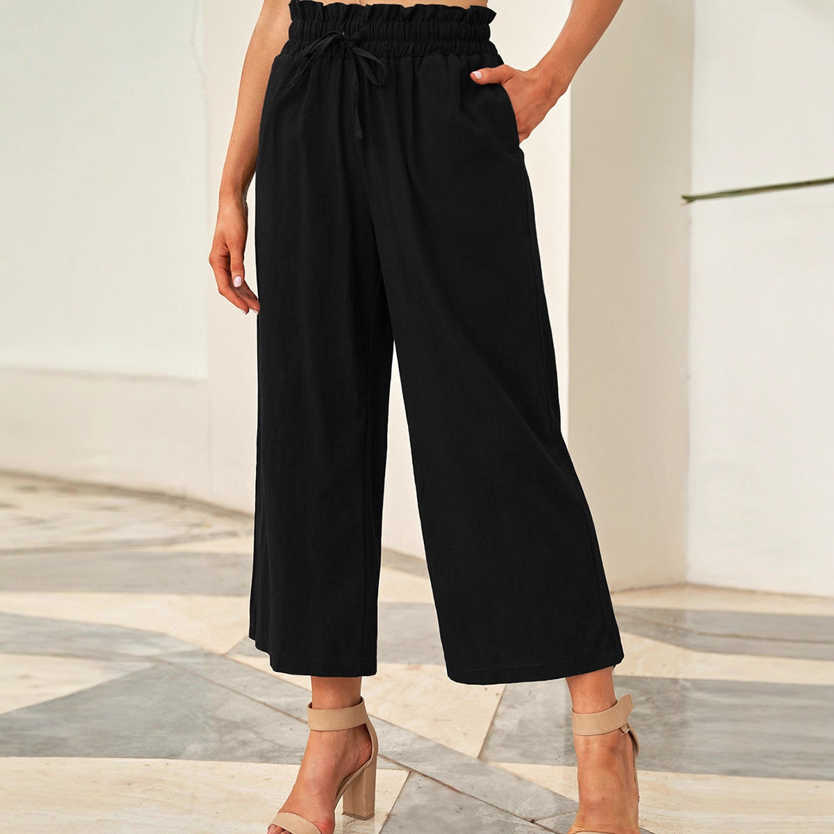 Pantalones casuales con cintura elástica y cordón para mujer, pantalones anchos