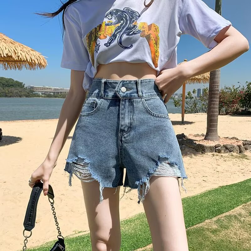 Pantalones cortos vaqueros rotos de verano para mujer