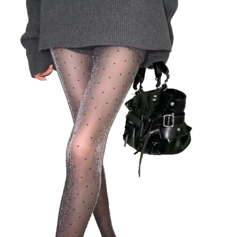 Polka-dot Black Silk Stockings With Shimmering Pearly Silver Thread