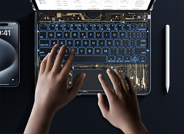Funda transparente con teclado giratorio de 360 ​​grados para iPad, teclado inteligente con trackpad, compatible con Bluetooth y ranura para lápiz.