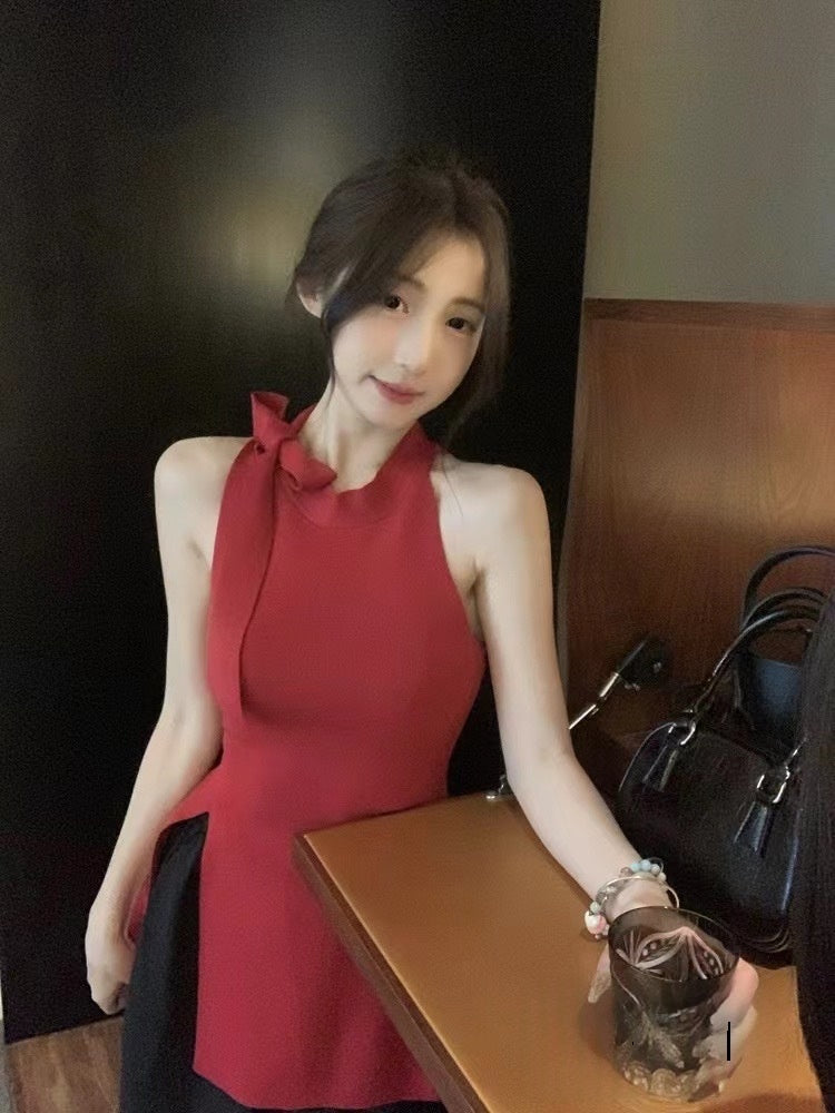 Sweet Lace-up Bow-Knot Slit Cami Shirt
