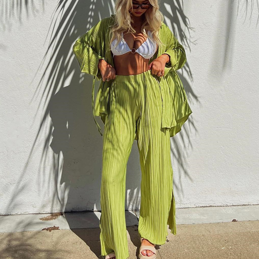 Fashion Suit Pleated Shirt Long Sleeve Split Pajamas Two-piece Set