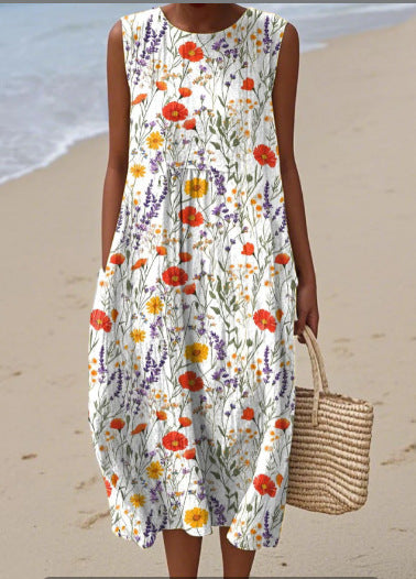 Vestido informal estampado sin mangas con bolsillos y un toque sofisticado