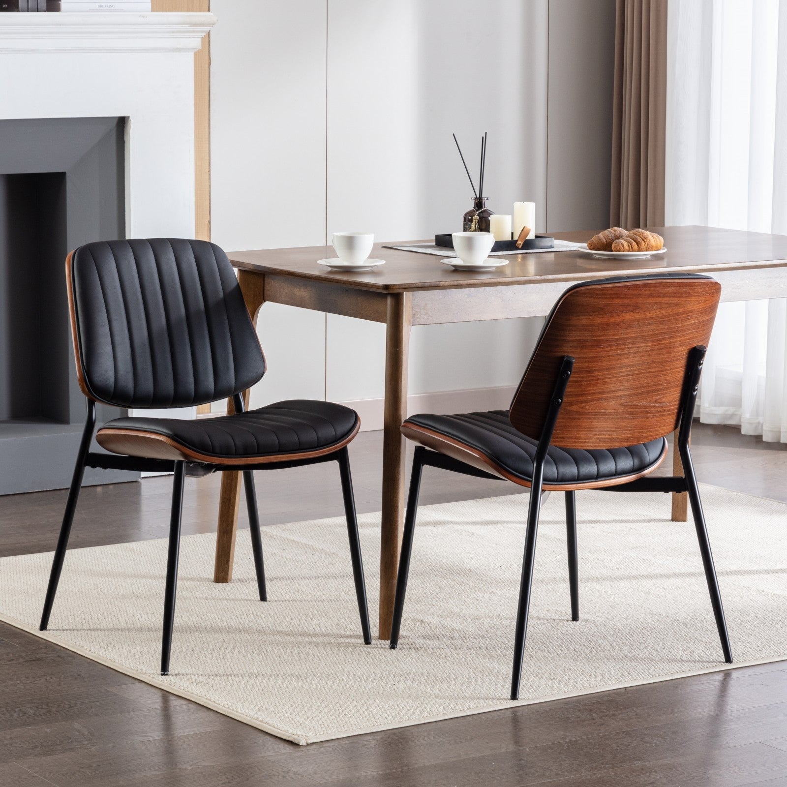 Muebles A&A, juego de 2 sillas de comedor modernas de mediados de siglo, estilo retro, de piel sintética con respaldo curvo en nogal.