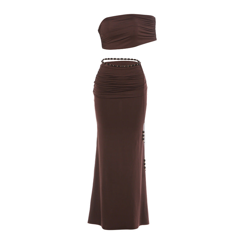 Sexy Pleated Midriff-Baring Tank Top And Skirt Set