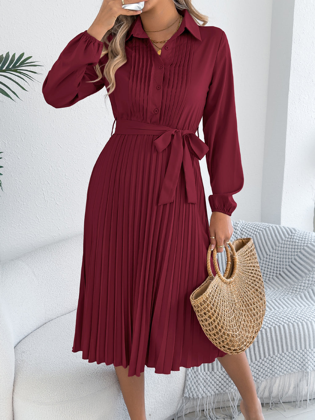 Vestido plisado elegante de color liso con solapa, manga larga y lazo en la cintura para mujer