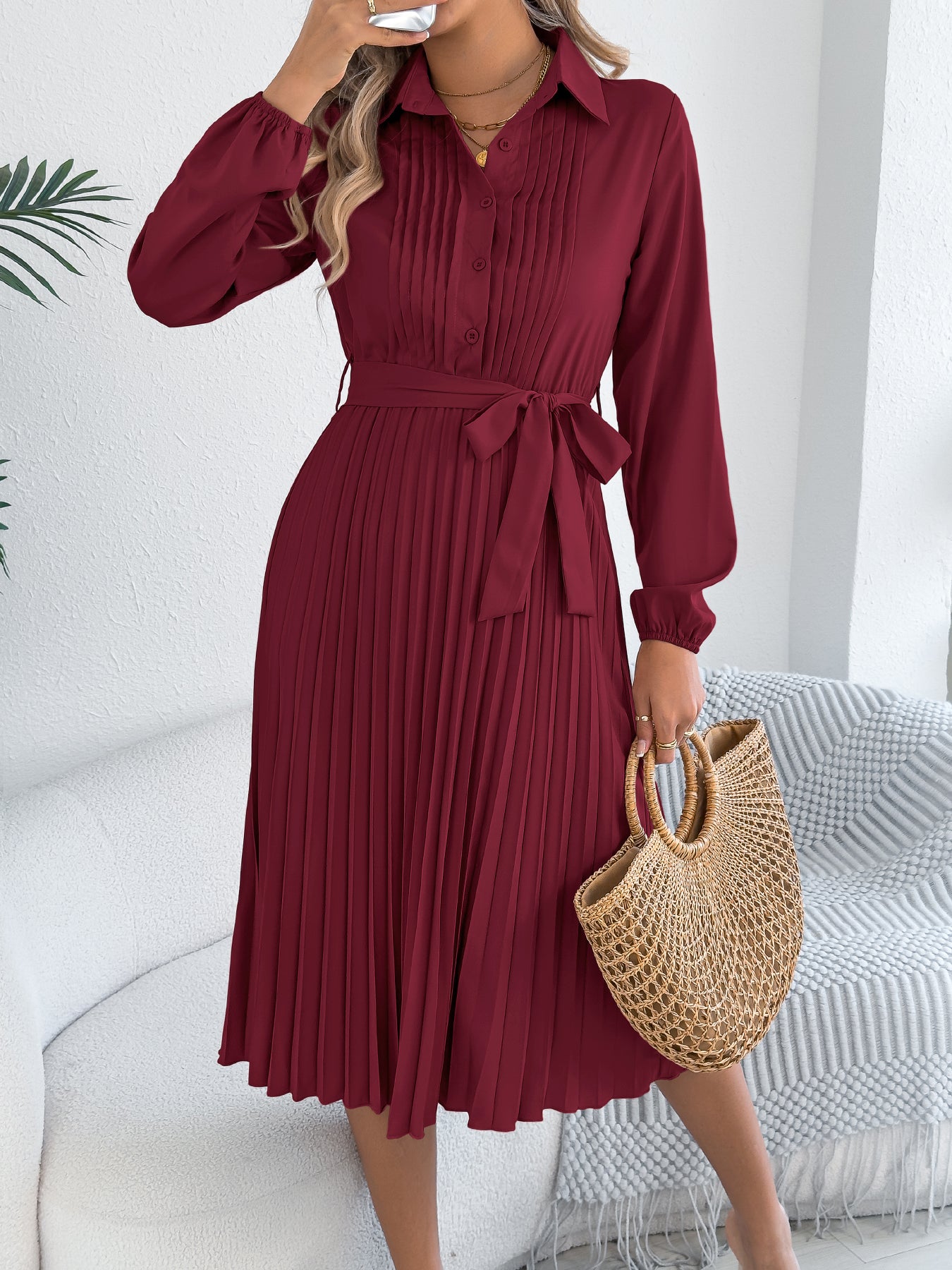 Vestido plisado elegante de color liso con solapa, manga larga y lazo en la cintura para mujer