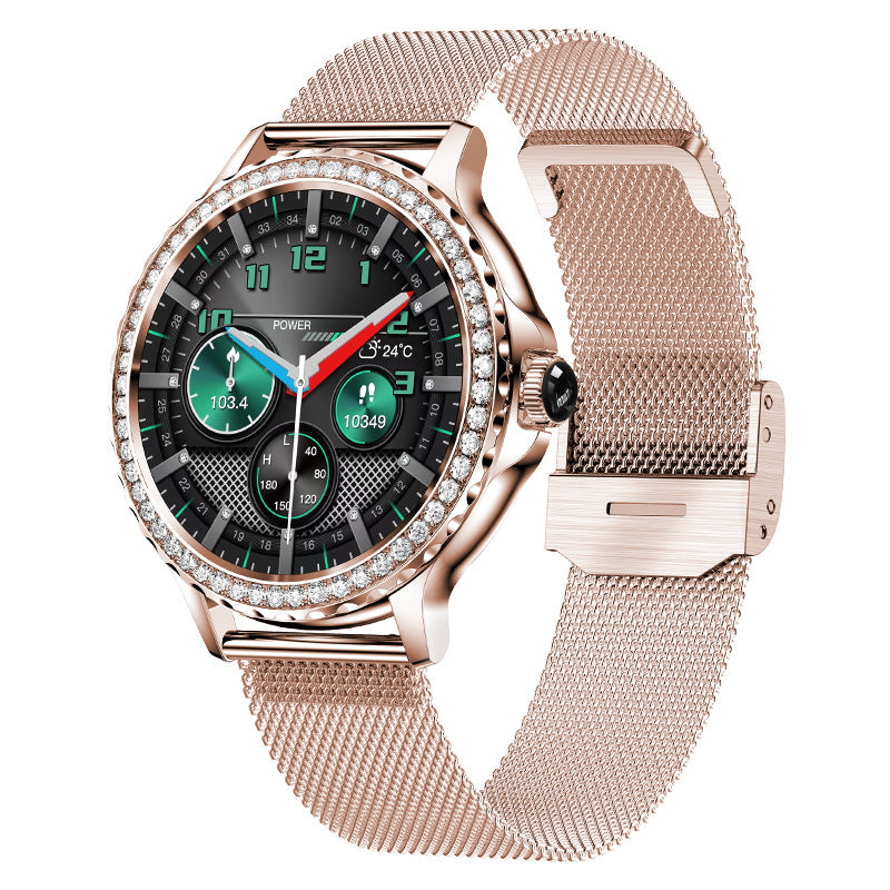 Pulsera inteligente de fitness con llamadas Bluetooth, resistente al agua y detalles de diamantes.