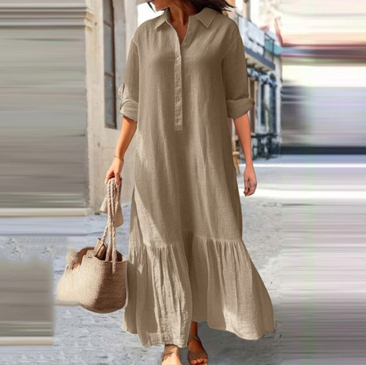 Vestido largo asimétrico de lino y algodón con cuello camisero y botones retorcidos