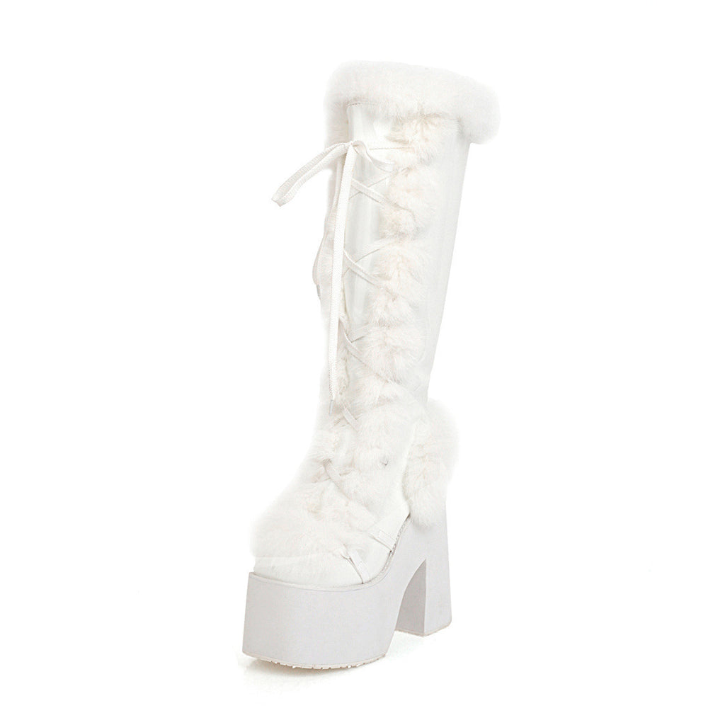Botas de nieve de suela gruesa con plataforma y tacón alto y botas de piel