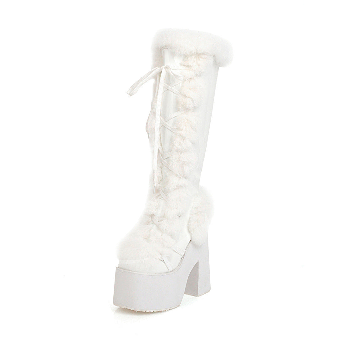 Botas de nieve de suela gruesa con plataforma y tacón alto y botas de piel