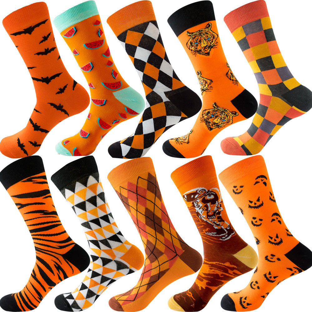 Calcetines de otoño para hombre con estampado de rombos y temática navideña de animales y frutas.