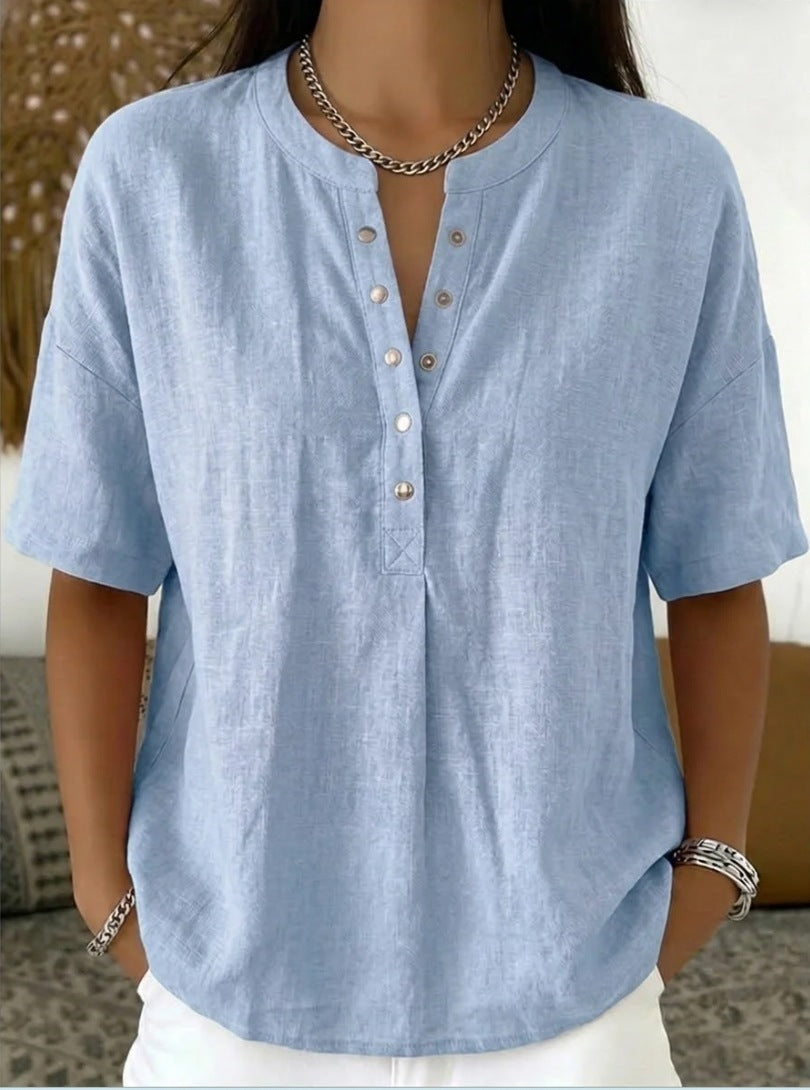 Solid Color Casual Pullover Short-Sleeve Shirt For Women