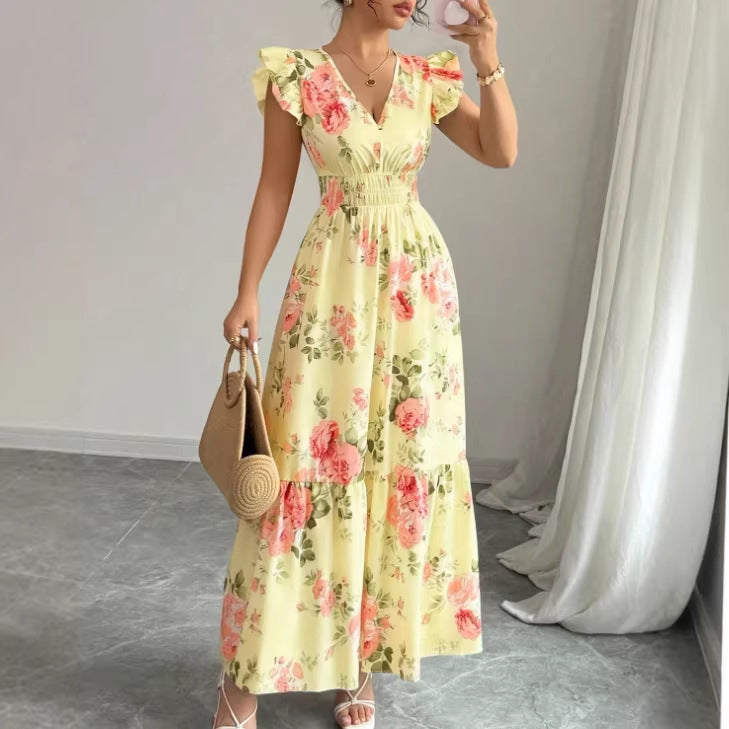 Women's Fashionable Elegant And Sophisticated Printed Dress With Ruffled Sleeves
