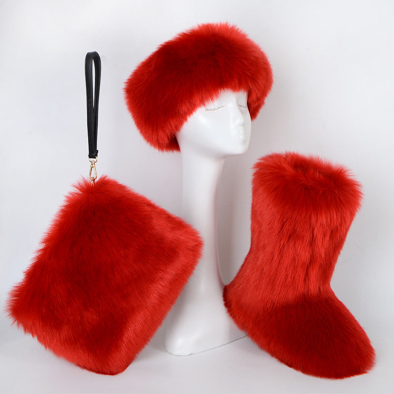 Botas de piel de terciopelo acolchadas de talla grande con imitación de piel de zorro, botas de nieve para mujer, conjunto de tres piezas