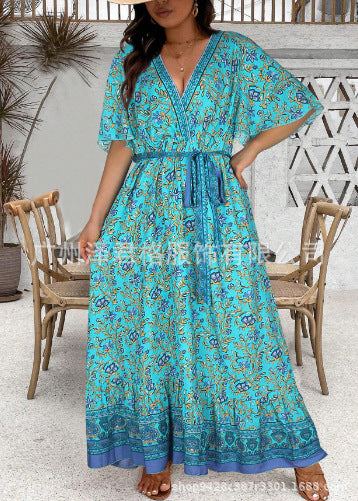 Vestido largo con cuello en V y estampado retro para mujer