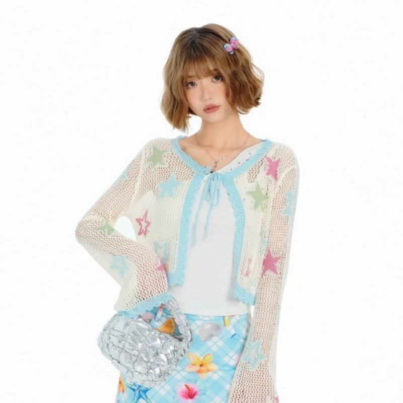 Cárdigan de punto calado con estampado floral en colores contrastantes para mujer