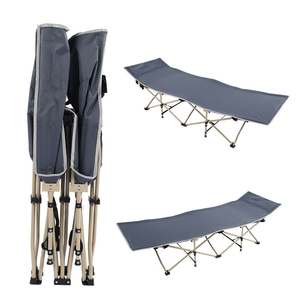 Cama plegable individual resistente para camping, viajes, invitados, ligera, con colchoneta gris (Reino Unido)