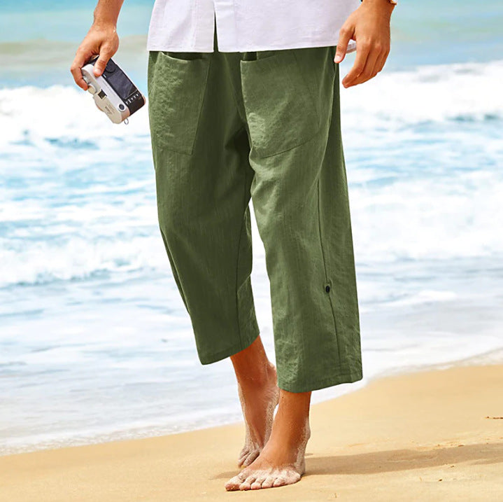 Pantalones cortos de playa de lino de verano para hombre