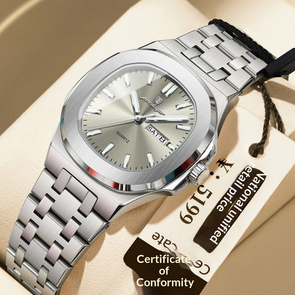 Reloj ultrafino con características impermeables y luminosas.