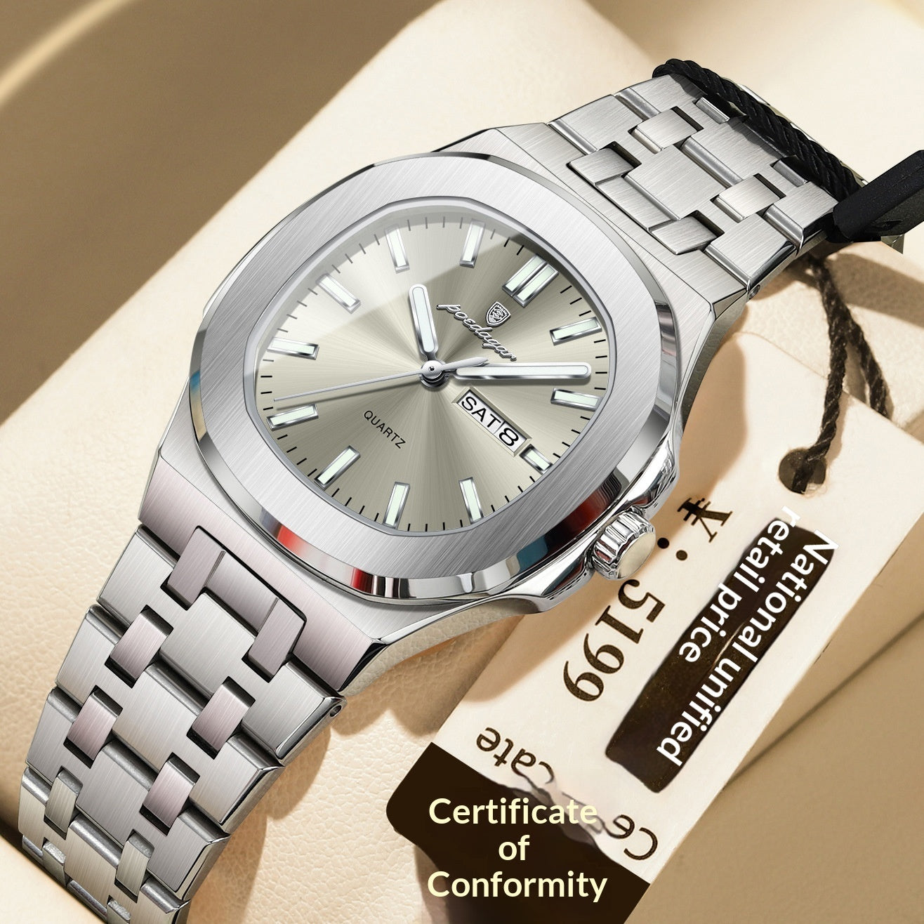 Reloj ultrafino con características impermeables y luminosas.