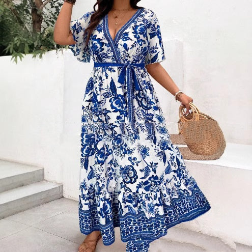 Vestido largo con cuello en V y estampado retro para mujer