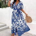 Vestido largo con cuello en V y estampado retro para mujer