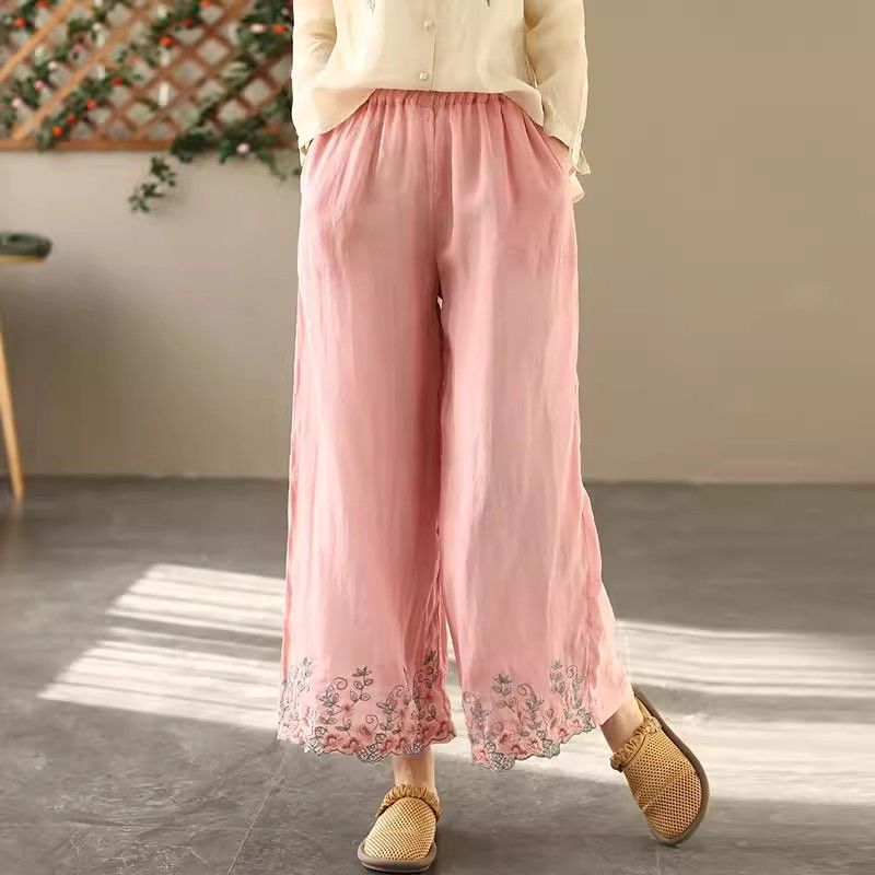 Pantalones anchos de verano de algodón y lino para mujer