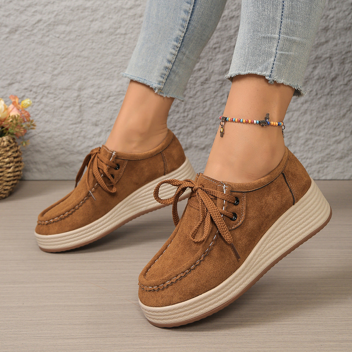 Zapatos de tacón para mujer de suela gruesa con cordones delanteros, estilo europeo y americano. Zapatos casuales de suela gruesa.