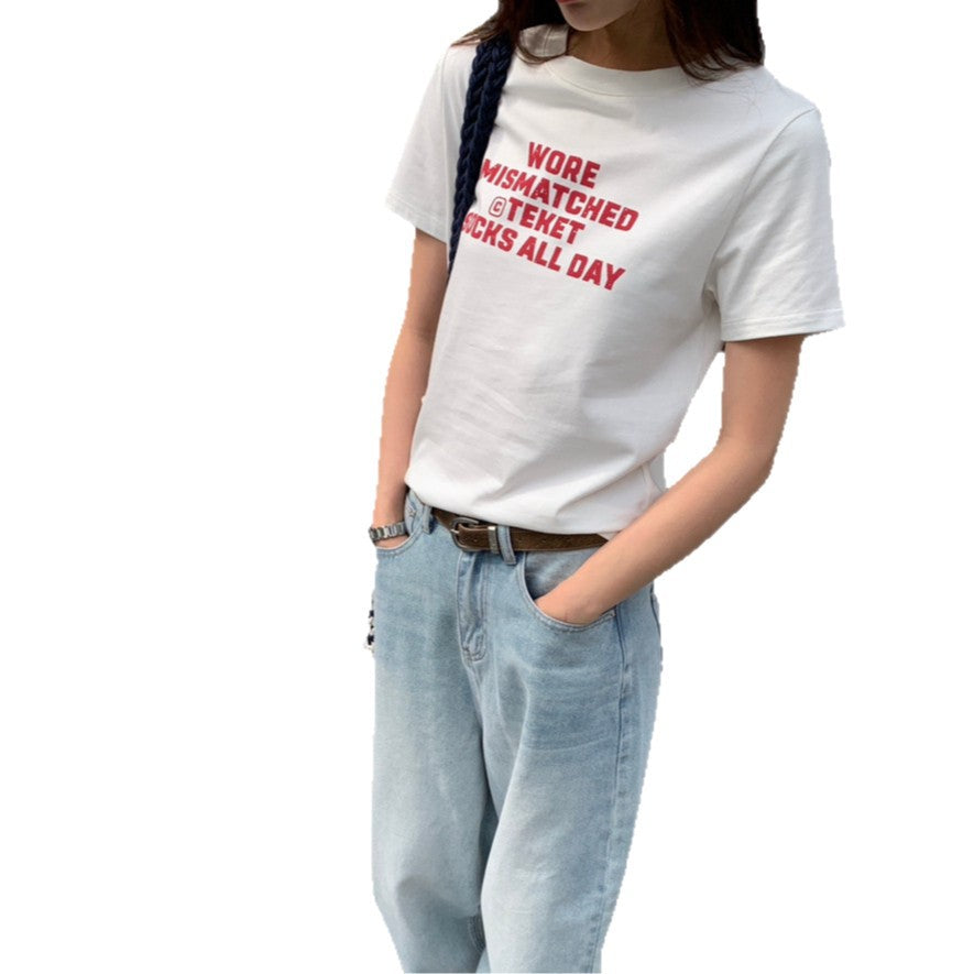 Minimalist Letter-print Short-sleeve T-shirt Pure Cotton Top Versatile For Workwear Style