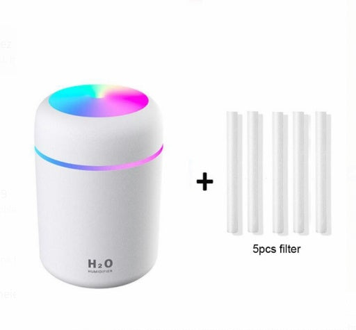 Humidificador de aire colorido con carga USB para coche y reposición de agua