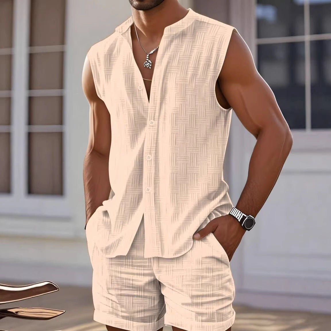 Men's Casual Sleeveless Sportswear Set With Crew Neck
