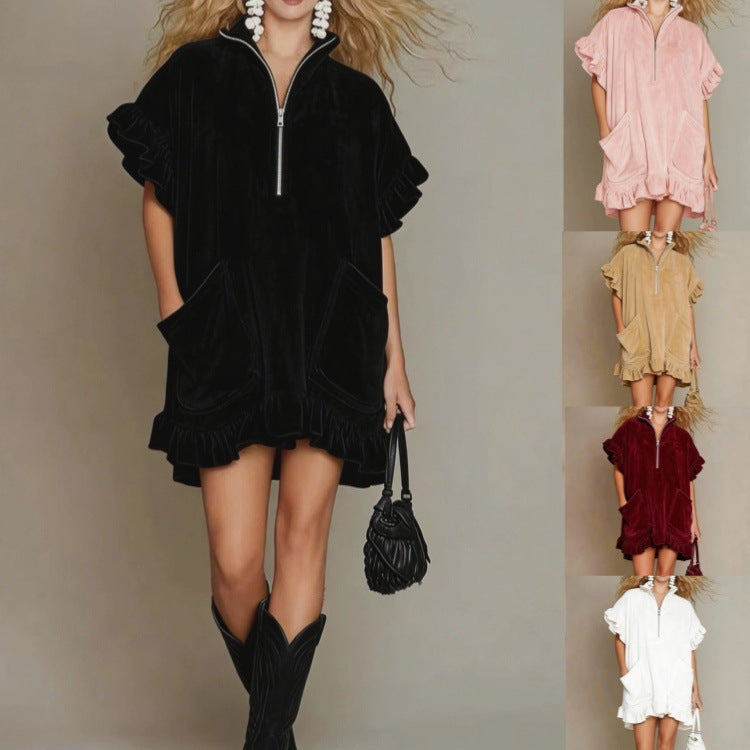 Short-sleeve Double-pocket Dress With Zipper And Ruffled Hem, A-line Womens Outfit