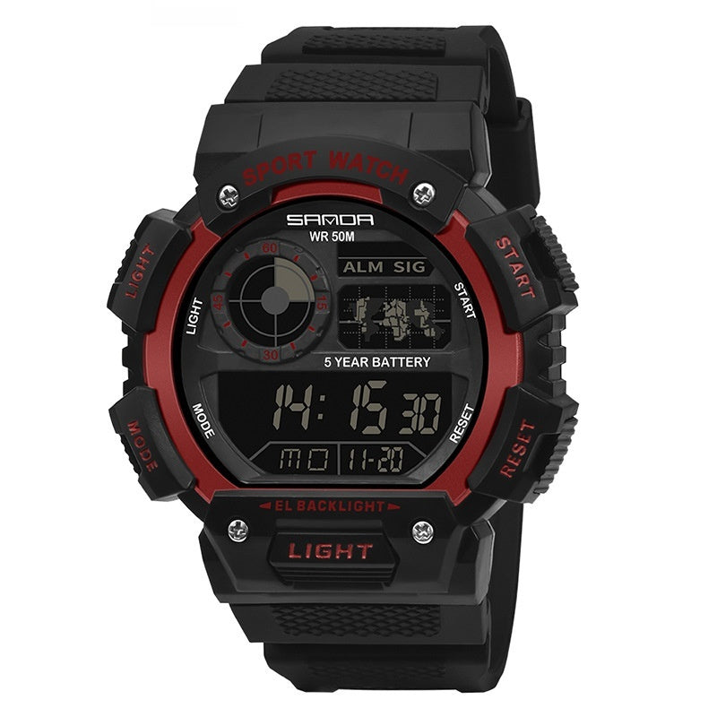 Reloj digital multifuncional, resistente al agua y luminoso de una sola pantalla para deportes.