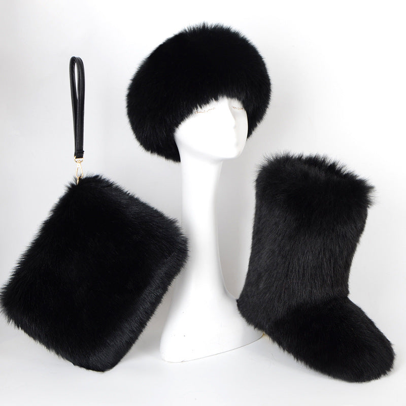 Botas de piel de terciopelo acolchadas de talla grande con imitación de piel de zorro, botas de nieve para mujer, conjunto de tres piezas