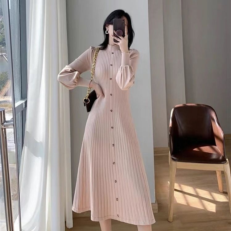 Vestido de punto de manga larga con cuello alto para otoño e invierno