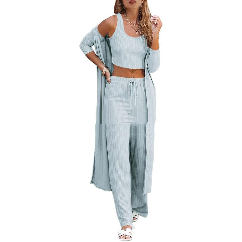 Conjunto de ropa de estar por casa para mujer de tres piezas: chaleco, pantalón y bata