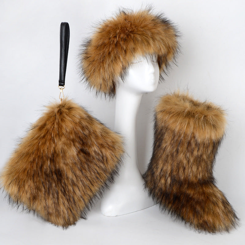 Botas de piel de terciopelo acolchadas de talla grande con imitación de piel de zorro, botas de nieve para mujer, conjunto de tres piezas