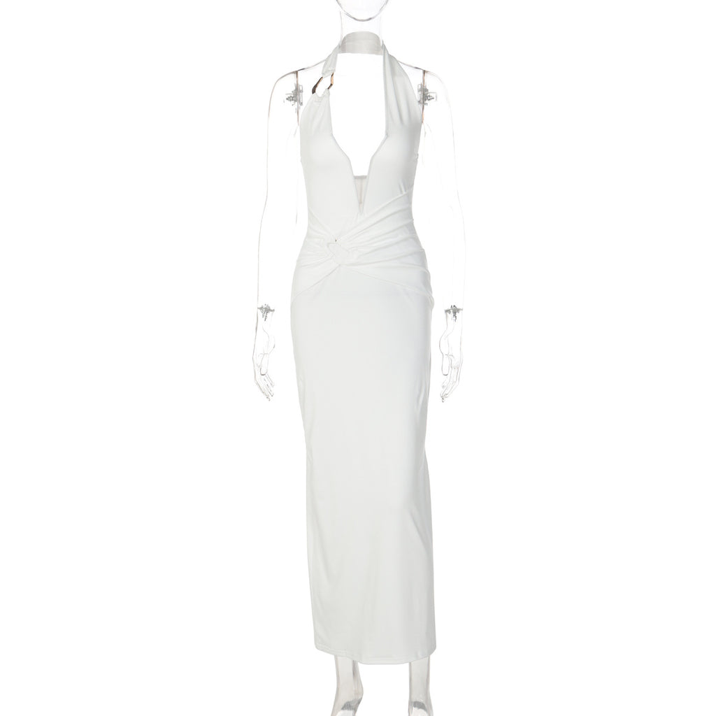 Womens V Neck Spliced Underwire Halter Bodycon Pleated Patchwork Maxi Dress