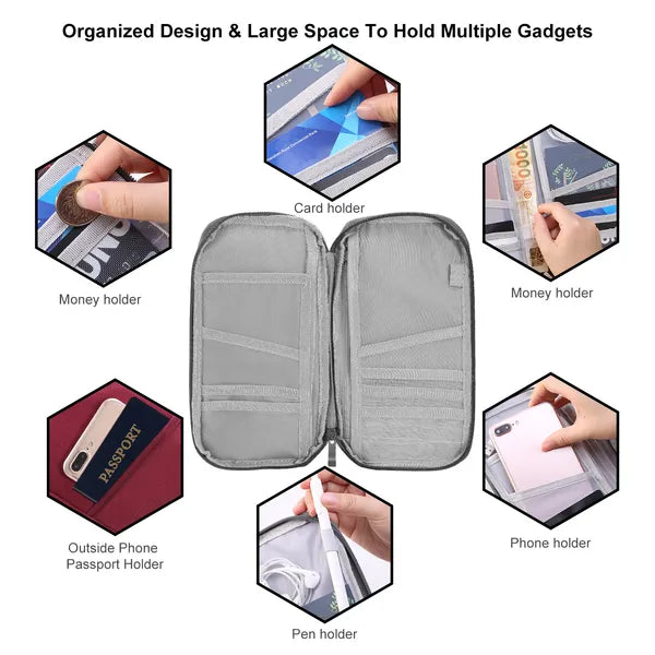 Cartera para pasaporte de viaje, 12 compartimentos, porta billetes, identificación, tarjetas de crédito, documentos impermeables, organizador de teléfono.