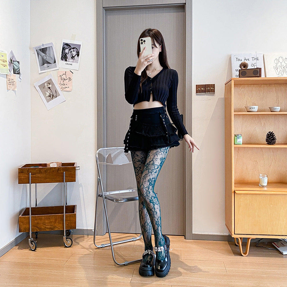 Wine-red Base Stockings Fishnet Socks With Floral Patterns Popular Online