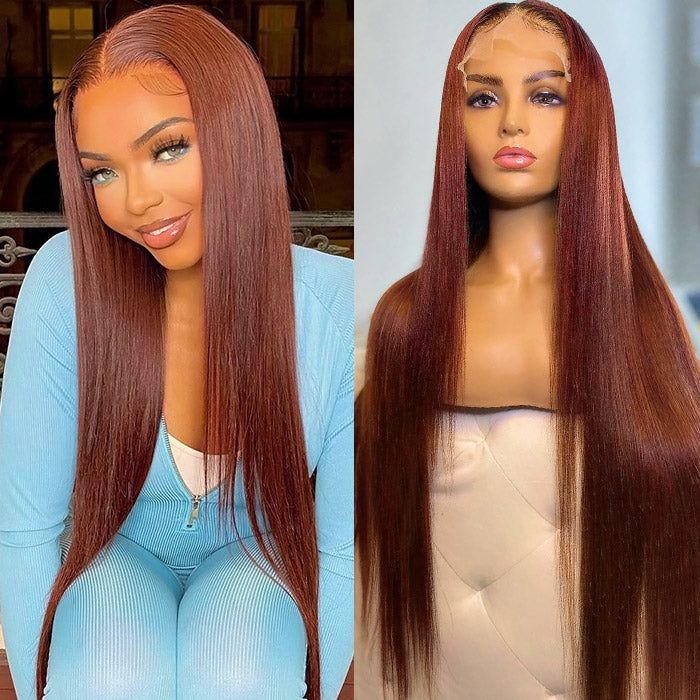 Peluca de cabello humano color marrón rojizo 33 colores 134HD encaje transparente
