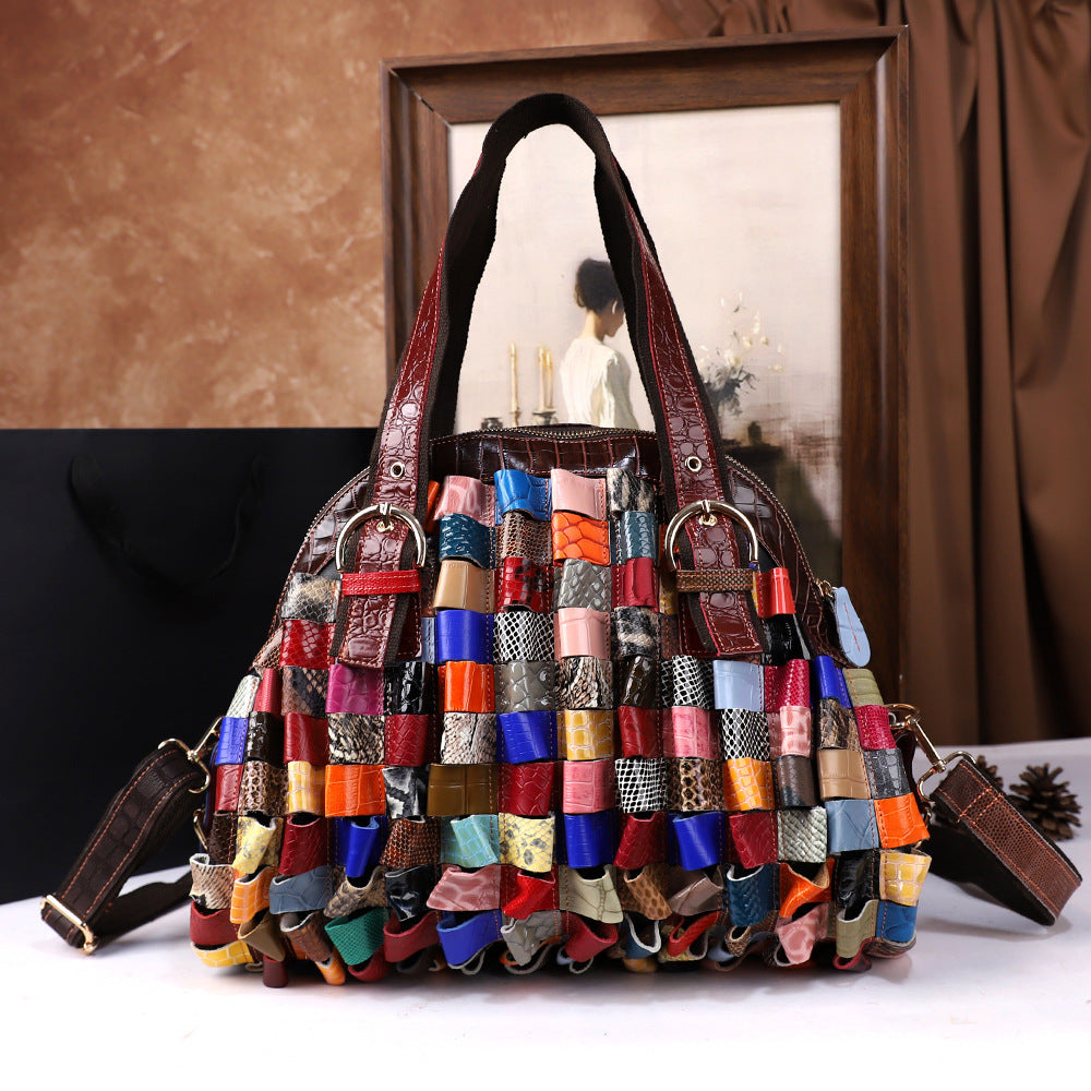 Bolso tote de hombro tejido de piel de vaca de gran capacidad para mujer