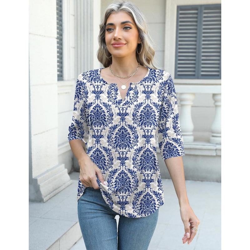 Retro V-neck Elegant Loose-Fitting Mid-sleeve Casual Shirt