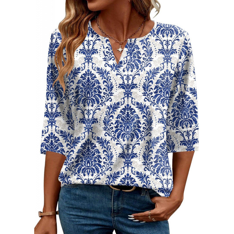 Retro V-neck Elegant Loose-Fitting Mid-sleeve Casual Shirt