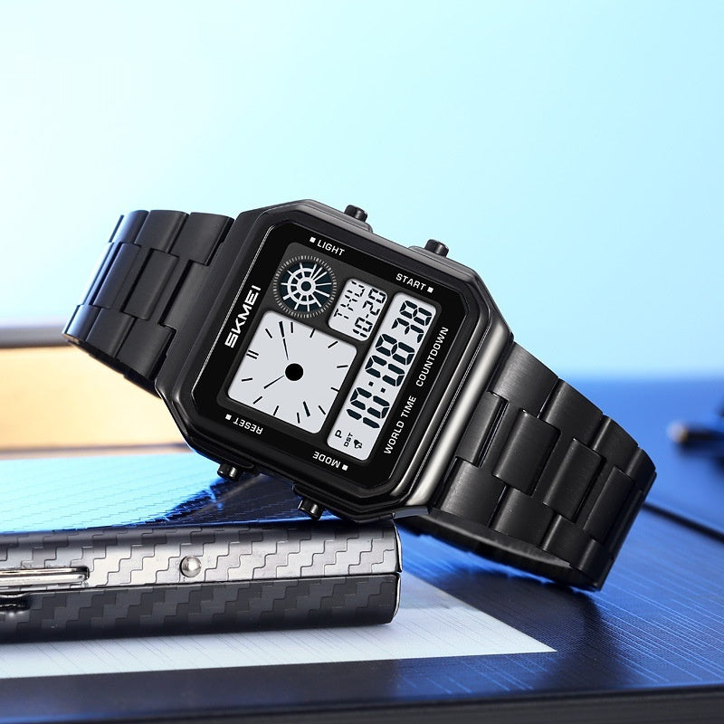 Reloj despertador cuadrado dorado resistente al agua con correa de acero y pantalla digital luminosa.